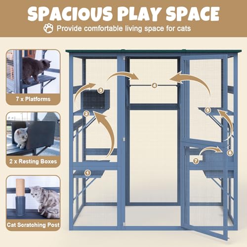 Large Walk in Cat Cage with Waterproof Roof, 5 Platforms, 2 Resting Box, Cat Scratching Post T107