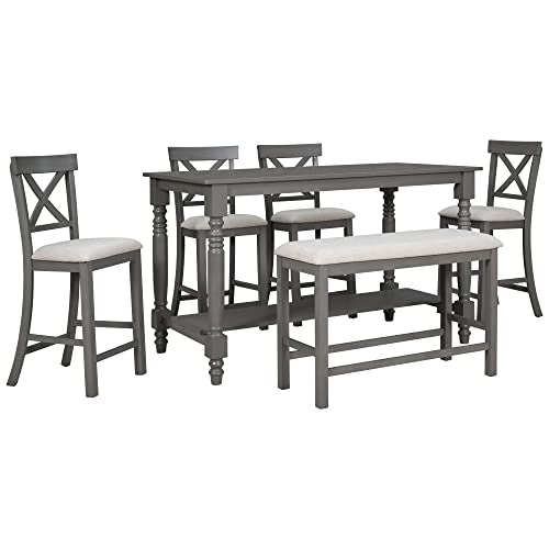 6-Piece Counter Height Table with Shelf 4 Chairs and Bench Gray L99259