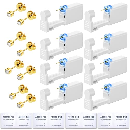 24Pcs Premium Ear Piercing Kit with 8 CZ Diamond Earrings and 8 Self Ear Piercing Gun E689783