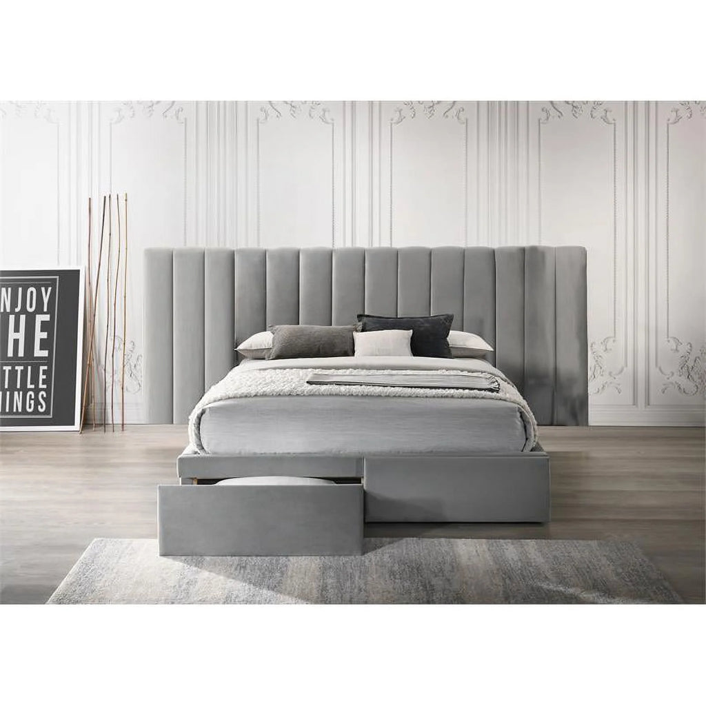 Solid Wood Velvet Queen Headboard with Footboard in Gray Z483253