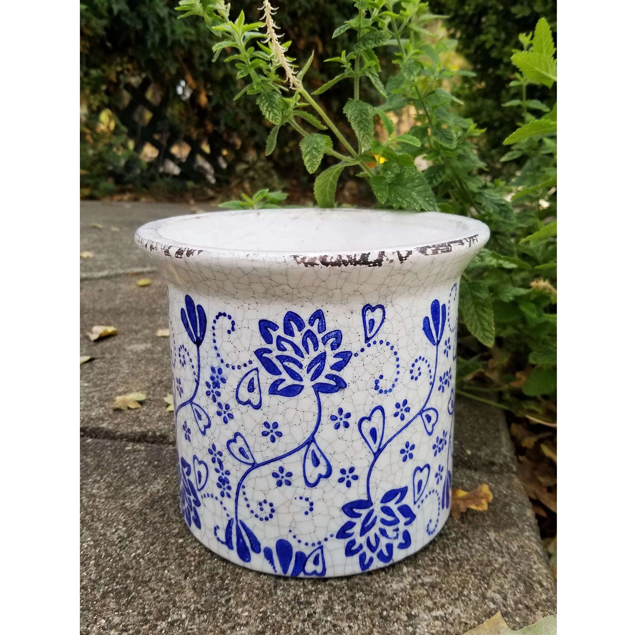 Blue and White Ceramic Flower Print Planter with Flared Lip P35311