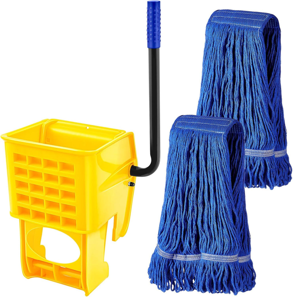 Yellow Mop Wringer with Handle, Blue Mop Head Refill W8117