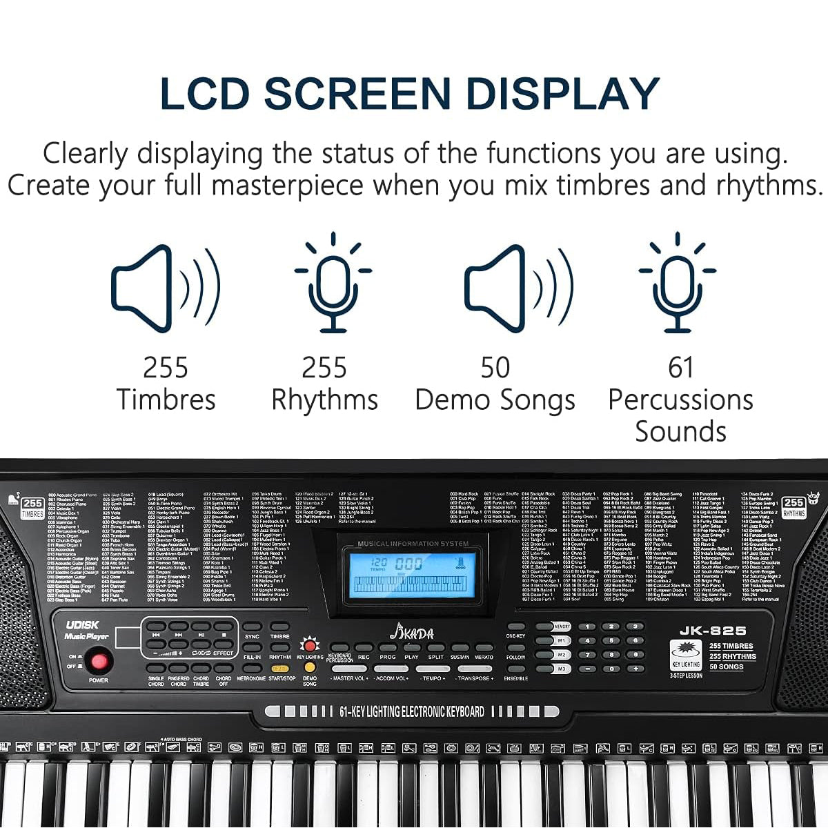 61 Key Portable Electronic Keyboard Piano with Lighted Full Size Keys, LCD, Headphones, X-Stand, Stool, Music Rest, Microphone, Note Stickers, Built-In Speakers, 3 Teaching Modes S6767