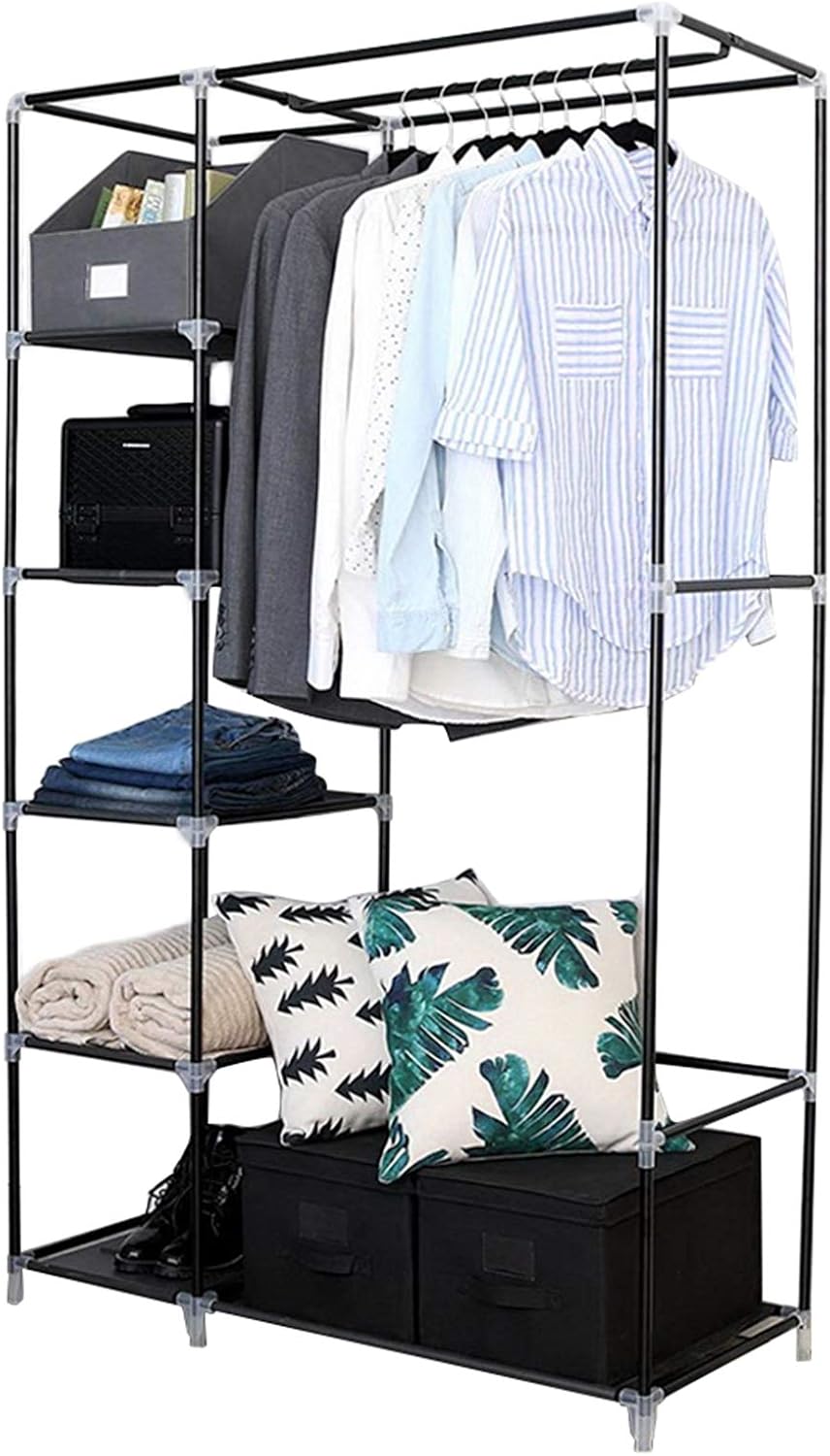 Black Non-Woven Fabric Portable Closet Wardrobe with Shelves and Cover N455394