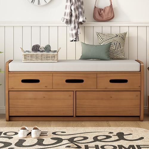 White Wooden Storage Bench with 2 Drawers and Cushion F538366