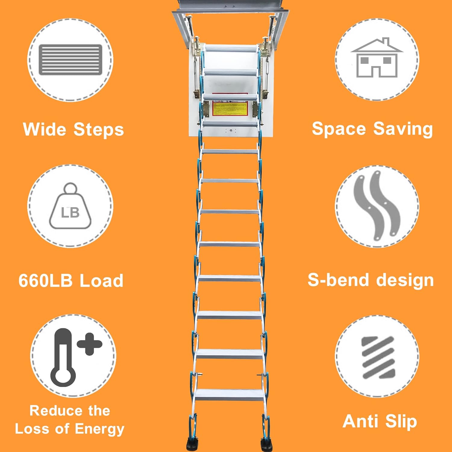 Blue Carbon Steel Folding Attic Ladder 9.8ft E80035