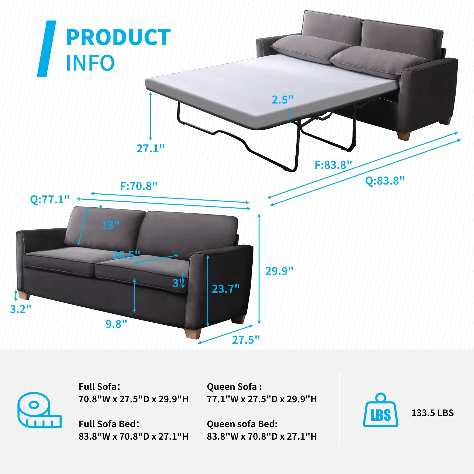 Queen Dark Grey Pull Out Sofa Bed with Memory Foam Mattress U9013