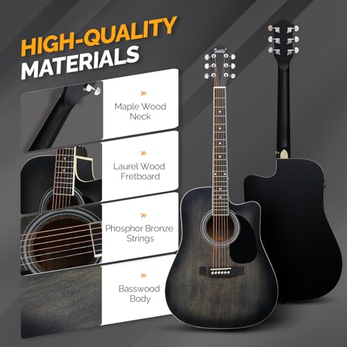 Full Size 6 Strings Acoustic Electric Guitar with Inbuilt Tuner, Bag, Strap, Picks, Strings, Basswood, Matte Distressed Black Q45113