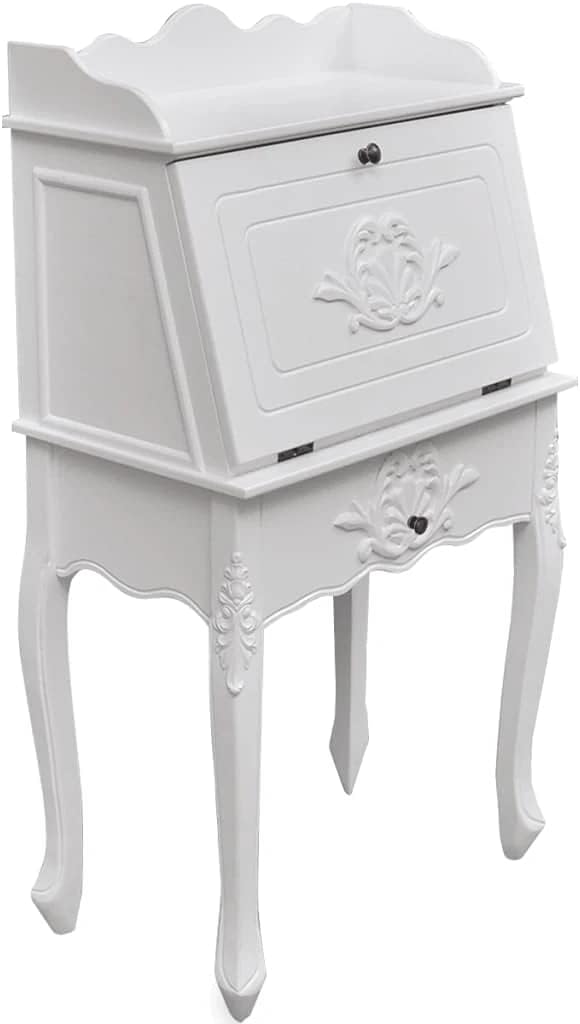 White Carved Wooden Secretary Desk L264232