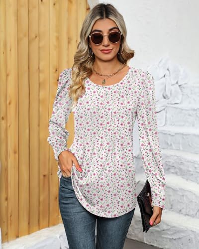 Puff Long Sleeve Tunic Tops Pleated Crew Neck Blouses Y56045