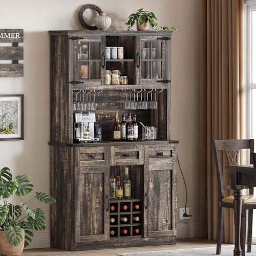 72" Dark Rustic Oak Coffee Bar Cabinet with Storage Shelves and 3 Drawers C98368