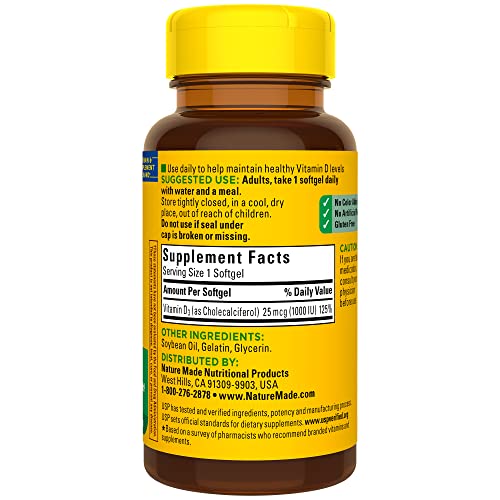 Vitamin D3 1000 IU (25 mcg) Dietary Supplement Softgels, 180 Count B82546