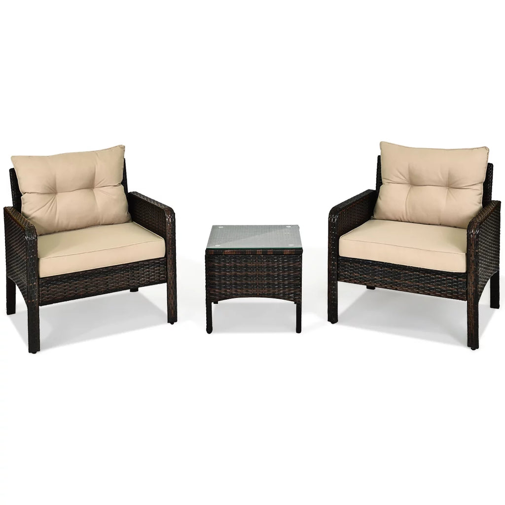 Brown 3PCS Patio Outdoor Rattan Furniture Set with Cushioned Chairs Coffee Table Q873