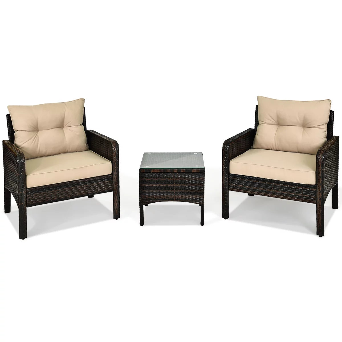 Brown 3PCS Patio Outdoor Rattan Furniture Set with Cushioned Chairs Coffee Table Q873