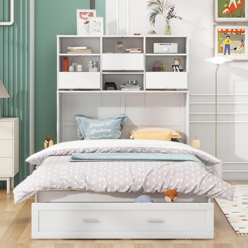 White Queen Size Murphy Bed with Bookcase and Drawer I61642