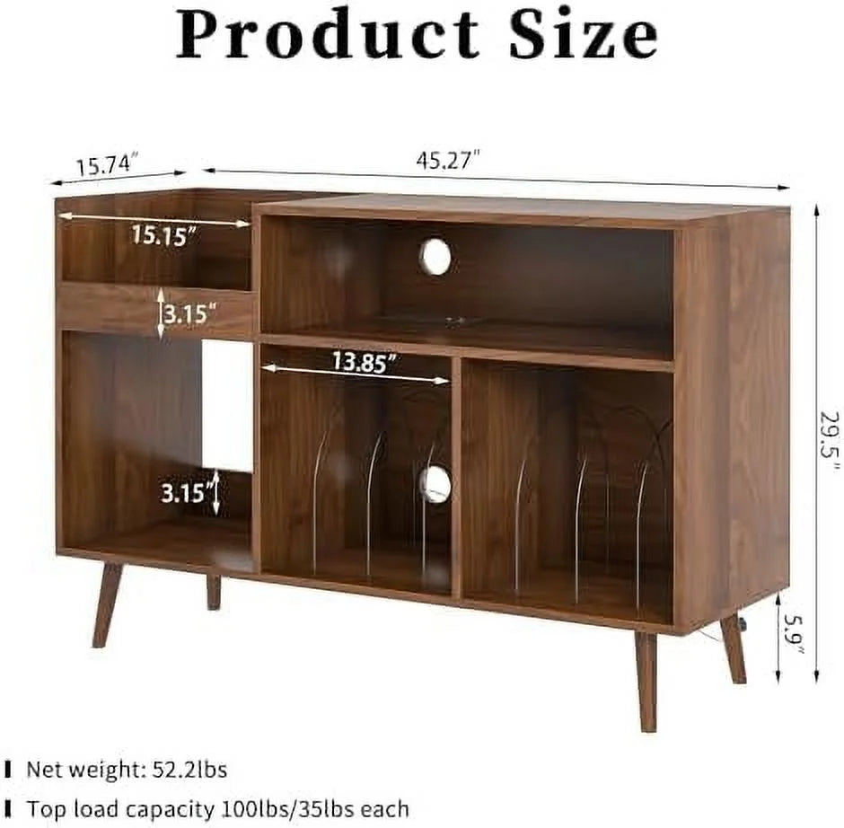 Mid-Century Record Player Stand with Vinyl Record Cabinet and Power Outlet K957669