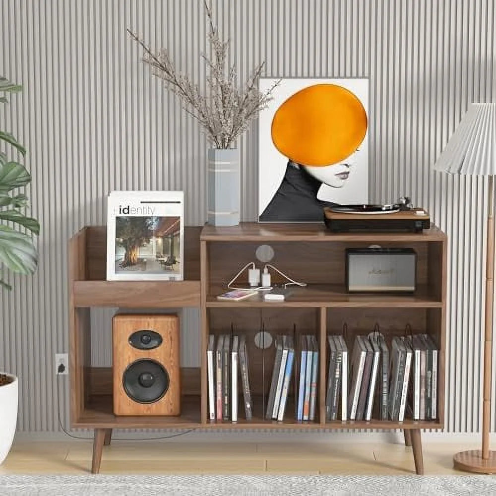 Mid-Century Record Player Stand with Vinyl Record Cabinet and Power Outlet K957669