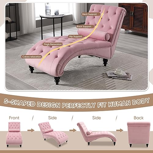 Pink Velvet Button Tufted Chaise Lounge Chair with Lumbar Pillow S7115