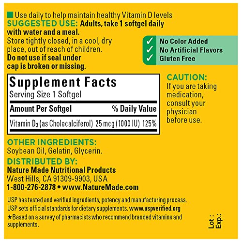 Vitamin D3 1000 IU (25 mcg) Dietary Supplement Softgels, 180 Count B82546