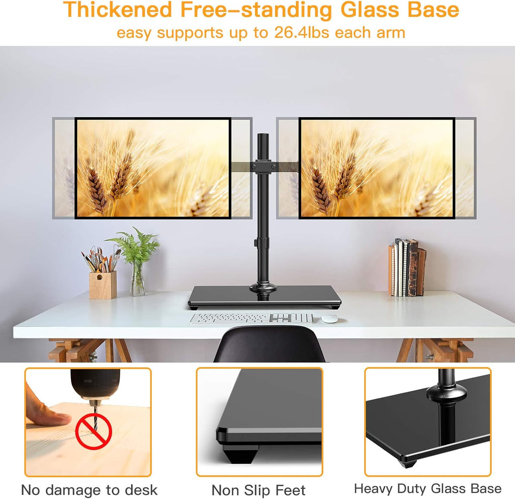 Dual Monitor Stand with Glass Base, Height Adjustable Two Arm Monitor Mount, Heavy Duty, Pack of 2 I8023