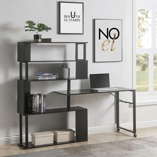 Brown L Shaped Computer Desk with Bookshelf and Lockable Casters B2864