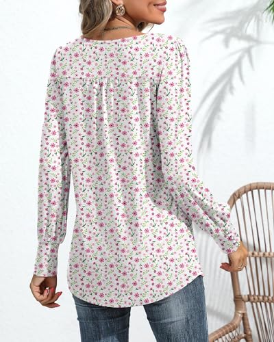 Puff Long Sleeve Tunic Tops Pleated Crew Neck Blouses Y56045