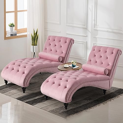 Pink Velvet Button Tufted Chaise Lounge Chair with Lumbar Pillow S7115