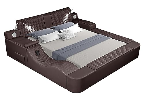 Queen Size Leather Bed Frame with Massage Recliner and Storage Space (Gray) Q98056