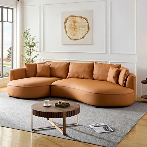 Grey Leather Curved Sectional Sofa with Pillows V5578