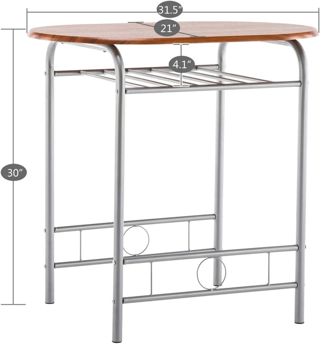 3-Piece Small Round Dining Table with Wine Storage Rack, Wood, Metal Frame, Brown Q969