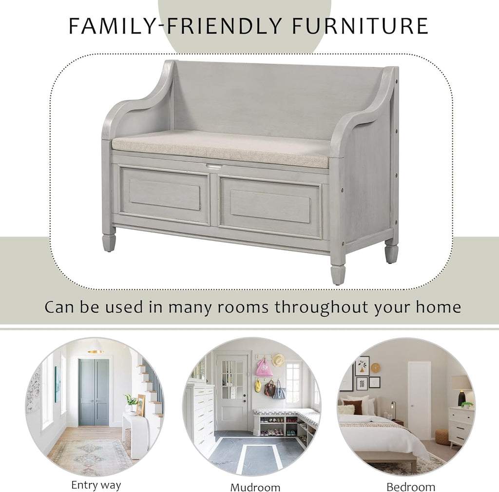 Rustic Storage Bench with Backrest and Hidden Storage, Gray Wash+Beige I28424
