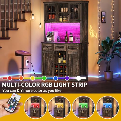 72" Dark Rustic Oak Coffee Bar Cabinet with Storage Shelves and 3 Drawers C98368