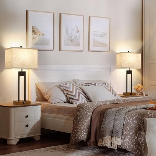 Set of 2 Nightstand Table Lamps with USB C+A, 3 Colors Changeable Z513