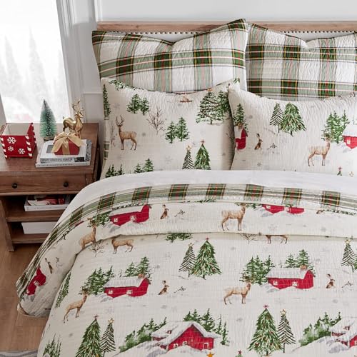 King/Cal King Red Green Brown White Cotton Reversible Quilt Set with Two King Pillow Shams A926389
