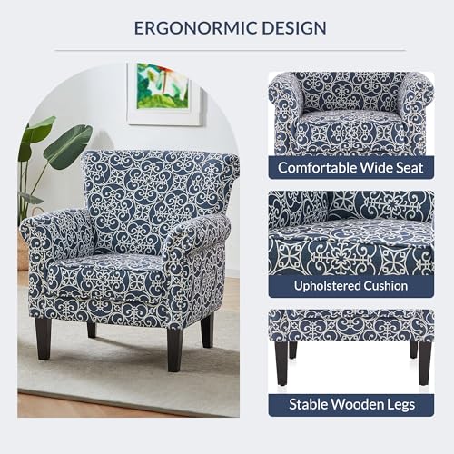 Upholstered Wingback Accent Chair, Fabric Armchair, Nailhead Trim High Back Patterned Corner Chair, Navy Blue/White E4944