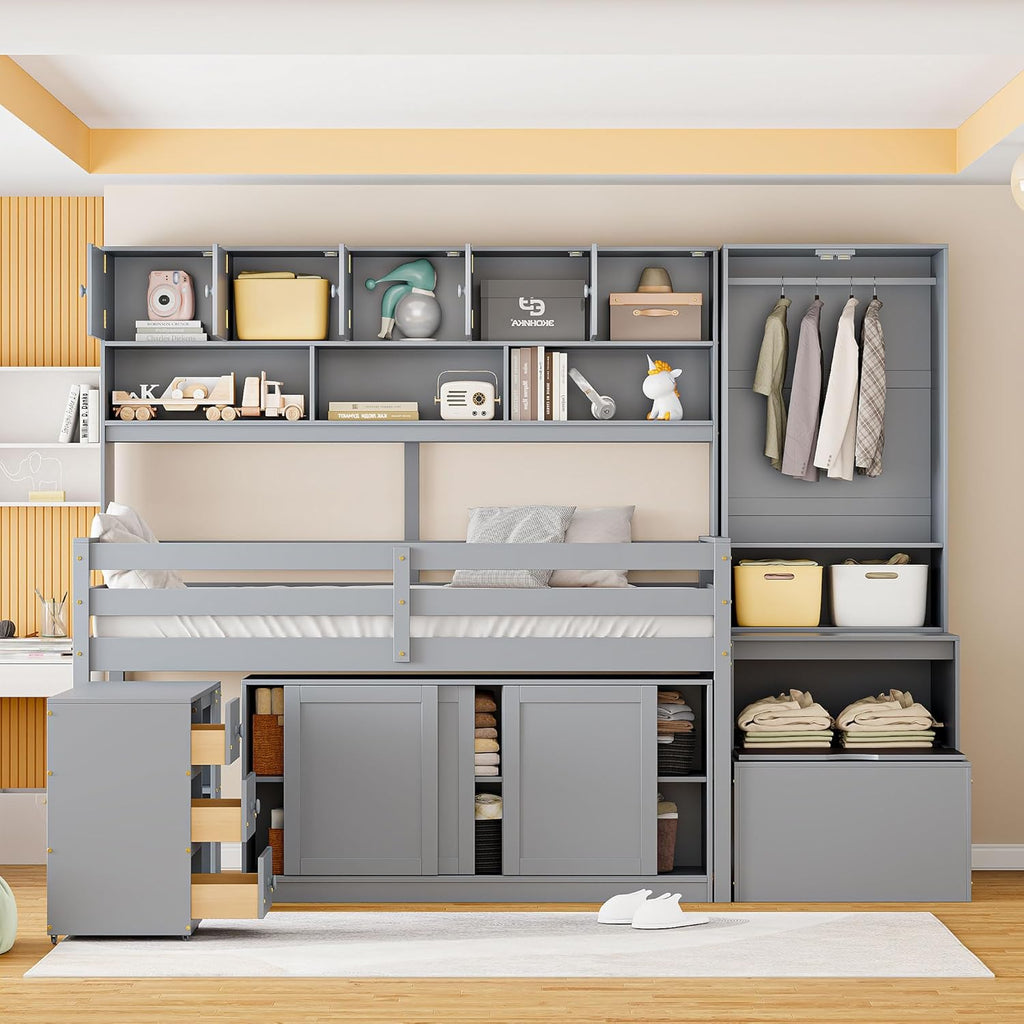Gray Twin Size Loft Bed with Removable Desk Storage Stairs Wardrobe Eight Top Shelves Two Sliding Door Cabinets W385