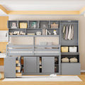 Gray Twin Size Loft Bed with Removable Desk Storage Stairs Wardrobe Eight Top Shelves Two Sliding Door Cabinets W385