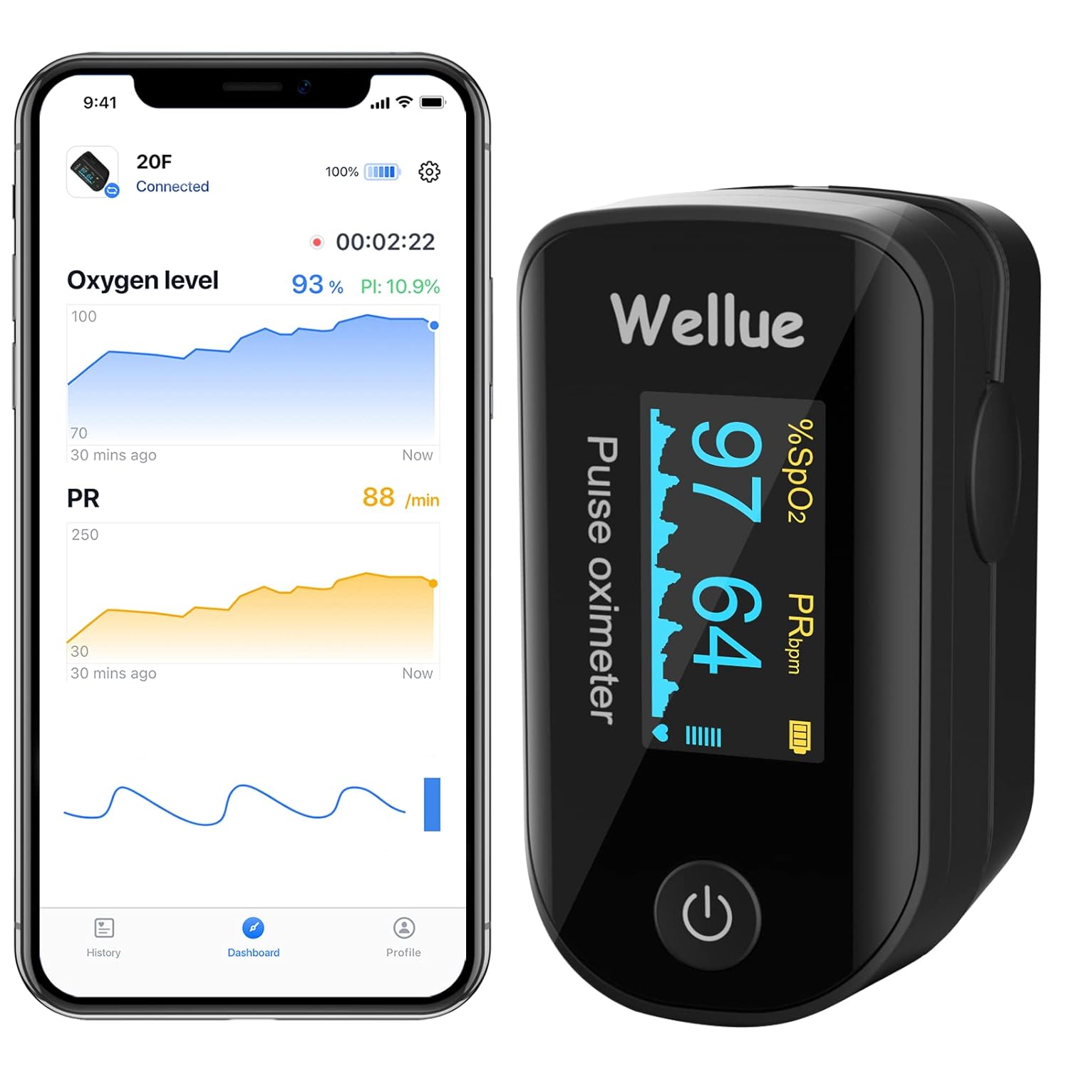 Black Bluetooth Fingertip Pulse Oximeter with Batteries and Lanyard V6195