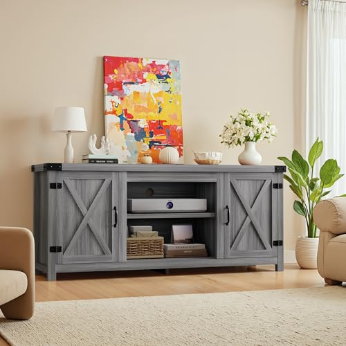 Gray Wash TV Stand with Two Barn Doors and Storage Cabinets E97307