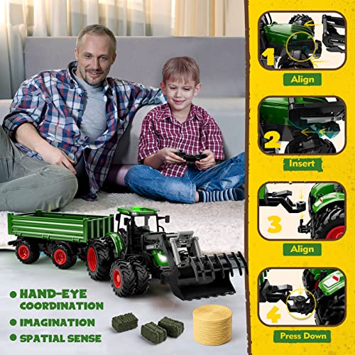 Remote Control Tractor Toy, Kids RC Tractor Set, Truck and Trailer Front Loader, Metal Car Head, 8 Wheel, Light P715