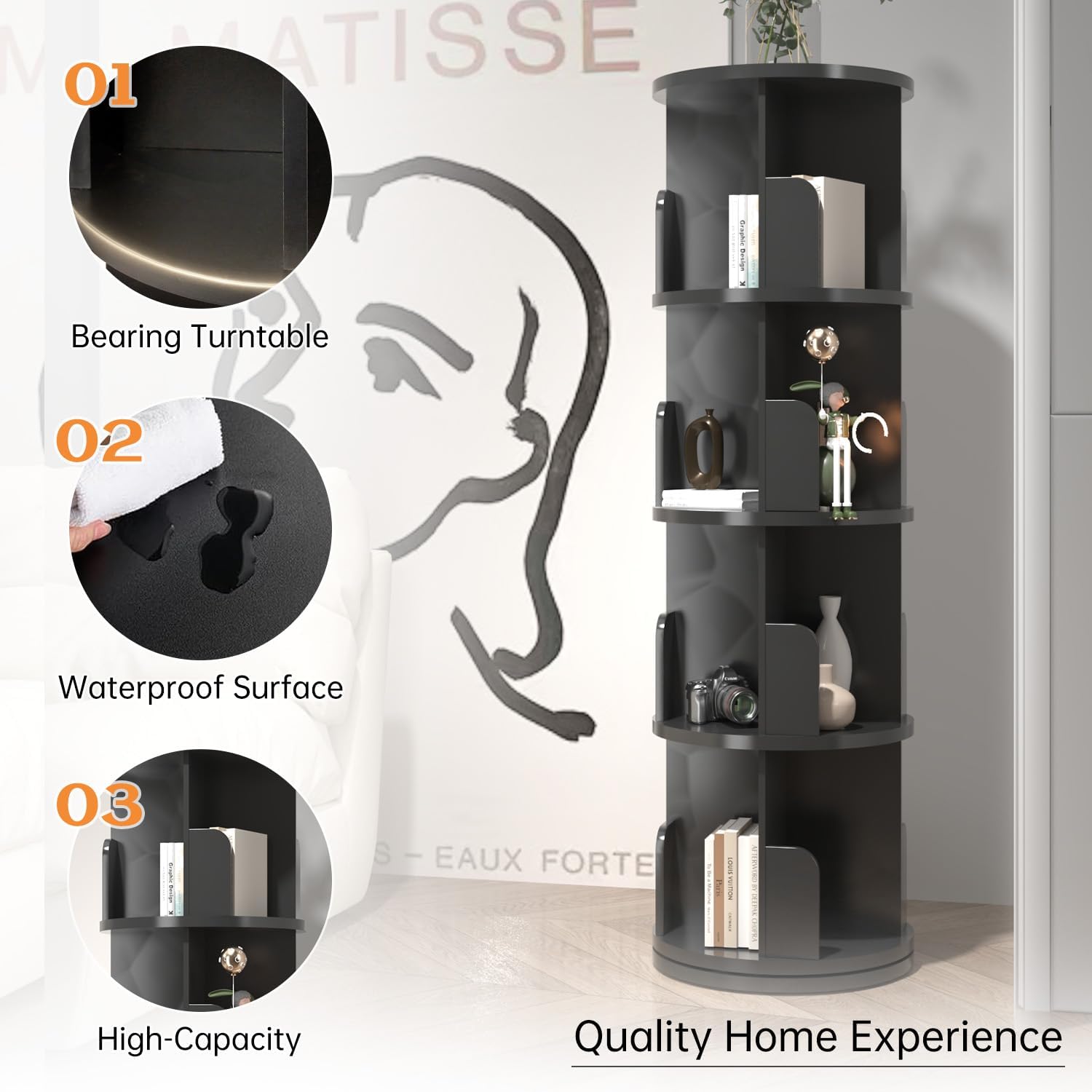 Black 4 Tier Rotating Wood Bookshelf O959
