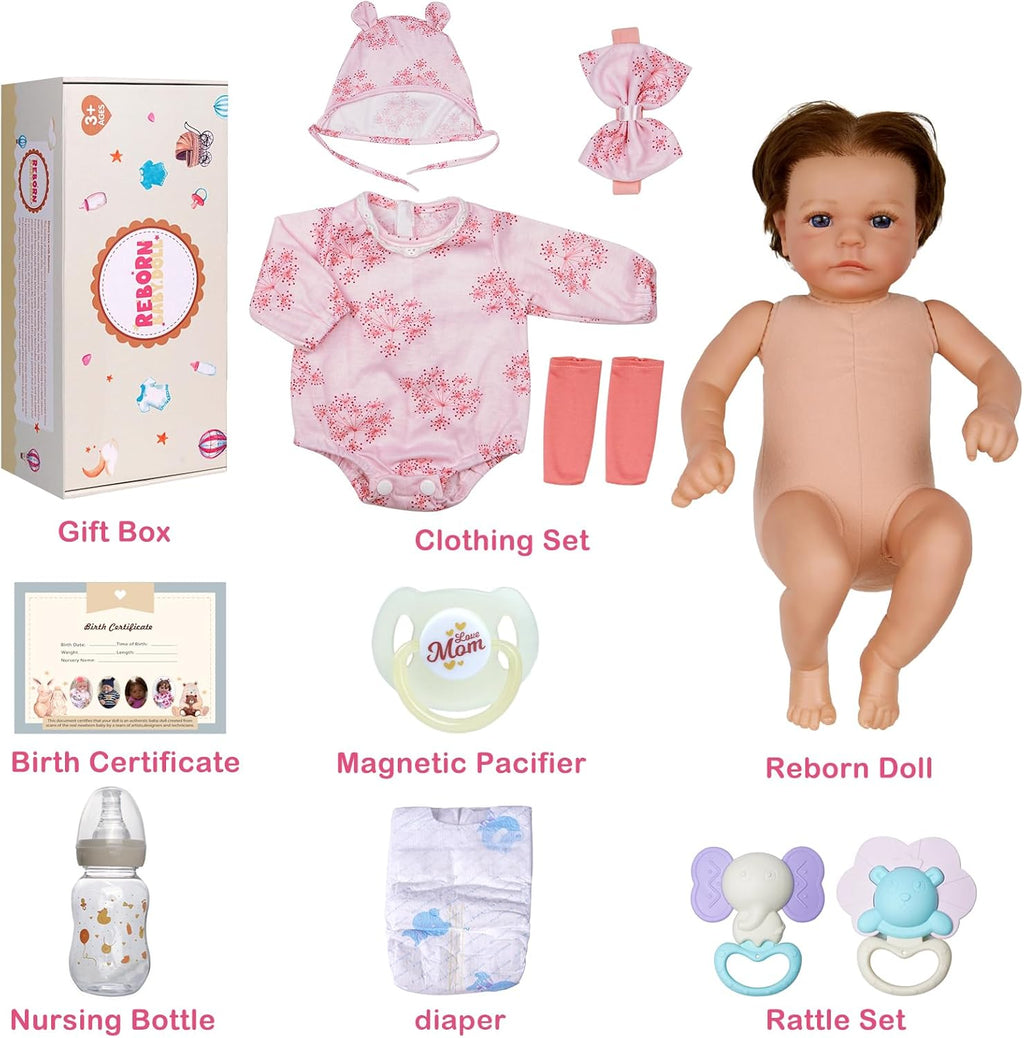 17 Inch Cloth Body Blue Eyes Hand-Rooted Hair Reborn Baby Doll T3660