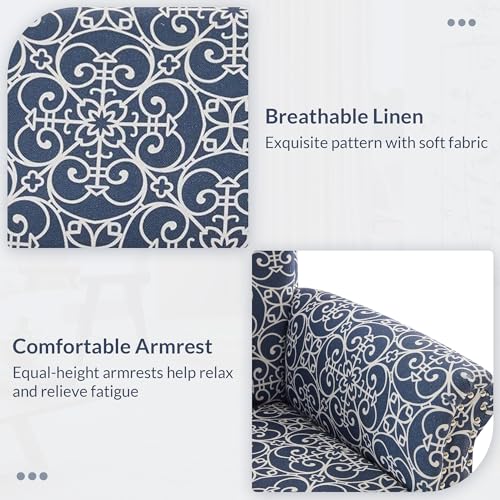 Upholstered Wingback Accent Chair, Fabric Armchair, Nailhead Trim High Back Patterned Corner Chair, Navy Blue/White E4944
