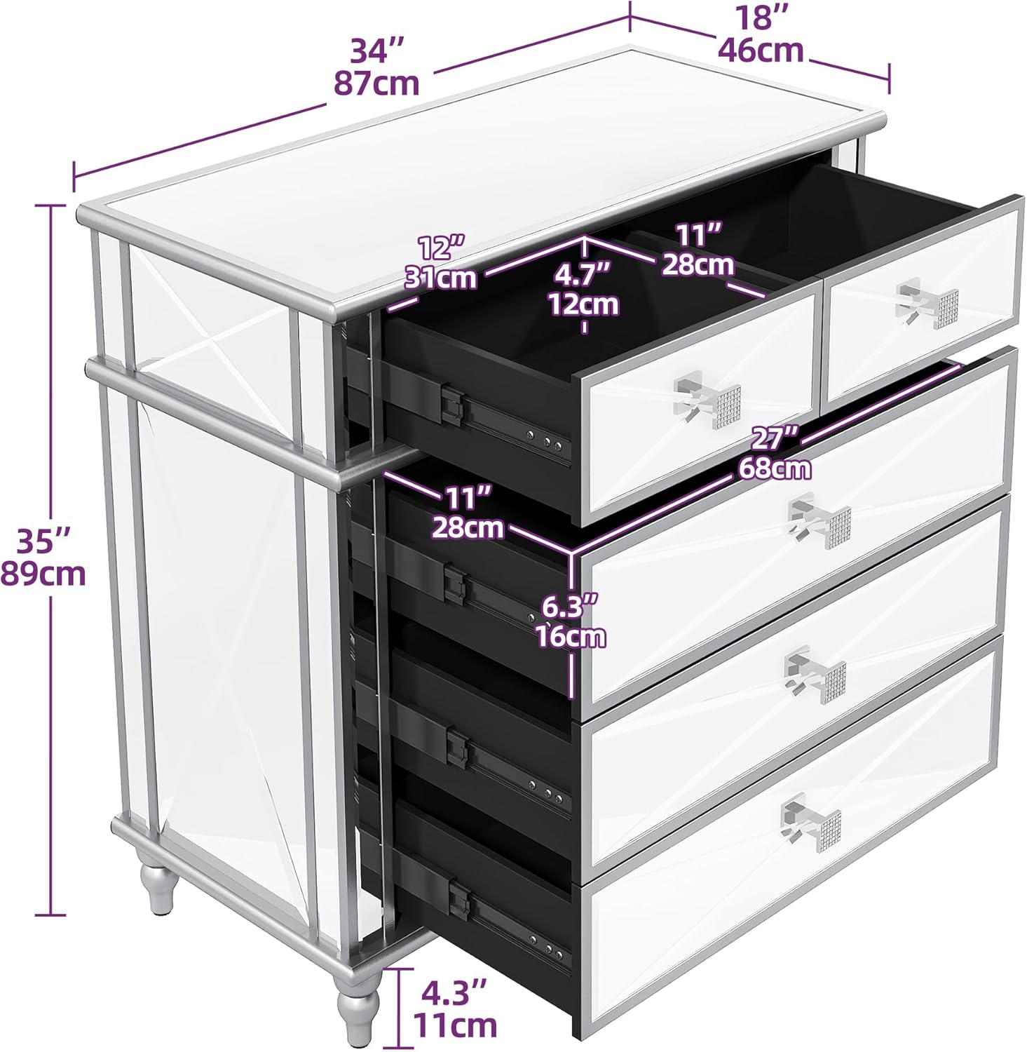 Silver Mirrored 5 Drawer Dresser with Wood Legs Z217