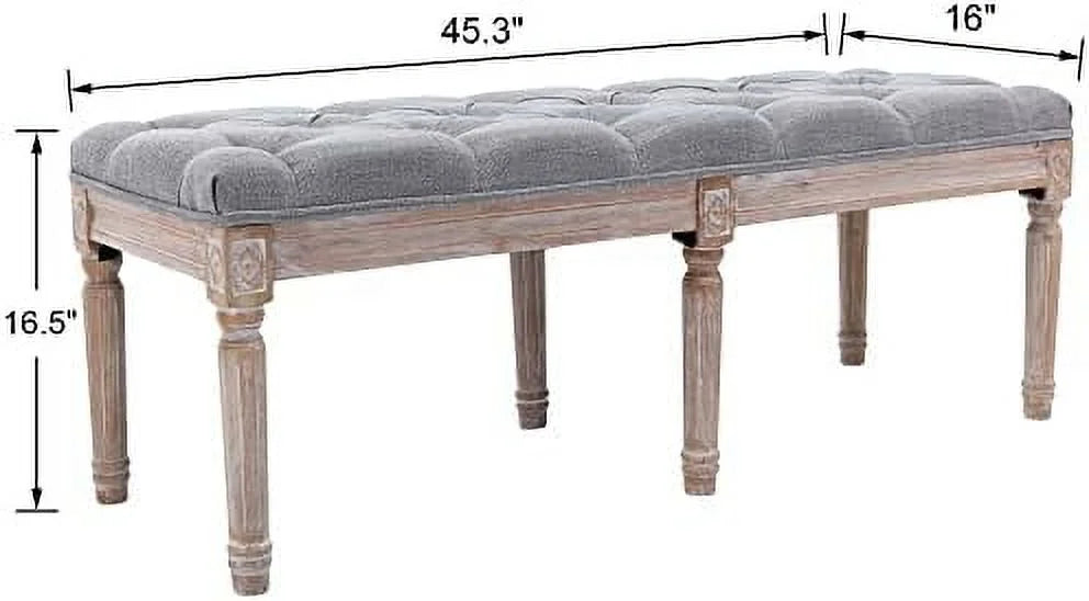Grey Fabric Entryway Bench with Button Tufted Seat and Rustic Wood Legs K79941