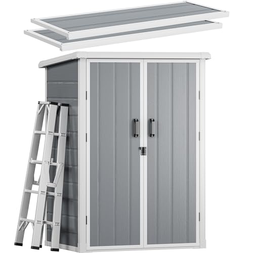 60 Cuft Outdoor Tall Storage Shed with 2 Shelves, Weatherproof Vertical Tool Shed with Floor & Lockable Doors, Double-Wall Plastic Cabinet (Gray) J68129