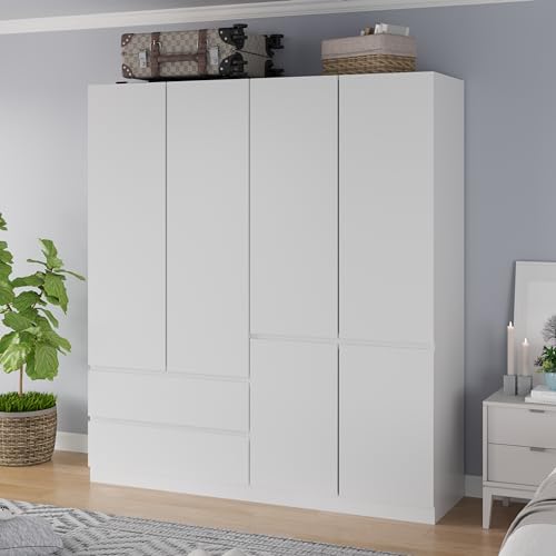 White 4 Door 2 Drawers Wooden Armoire Wardrobe with Shelves and Hanging Rod E242441