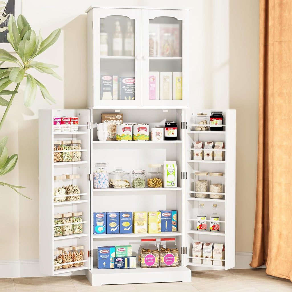 White Tall Kitchen Pantry Cabinet with Glass Doors G226