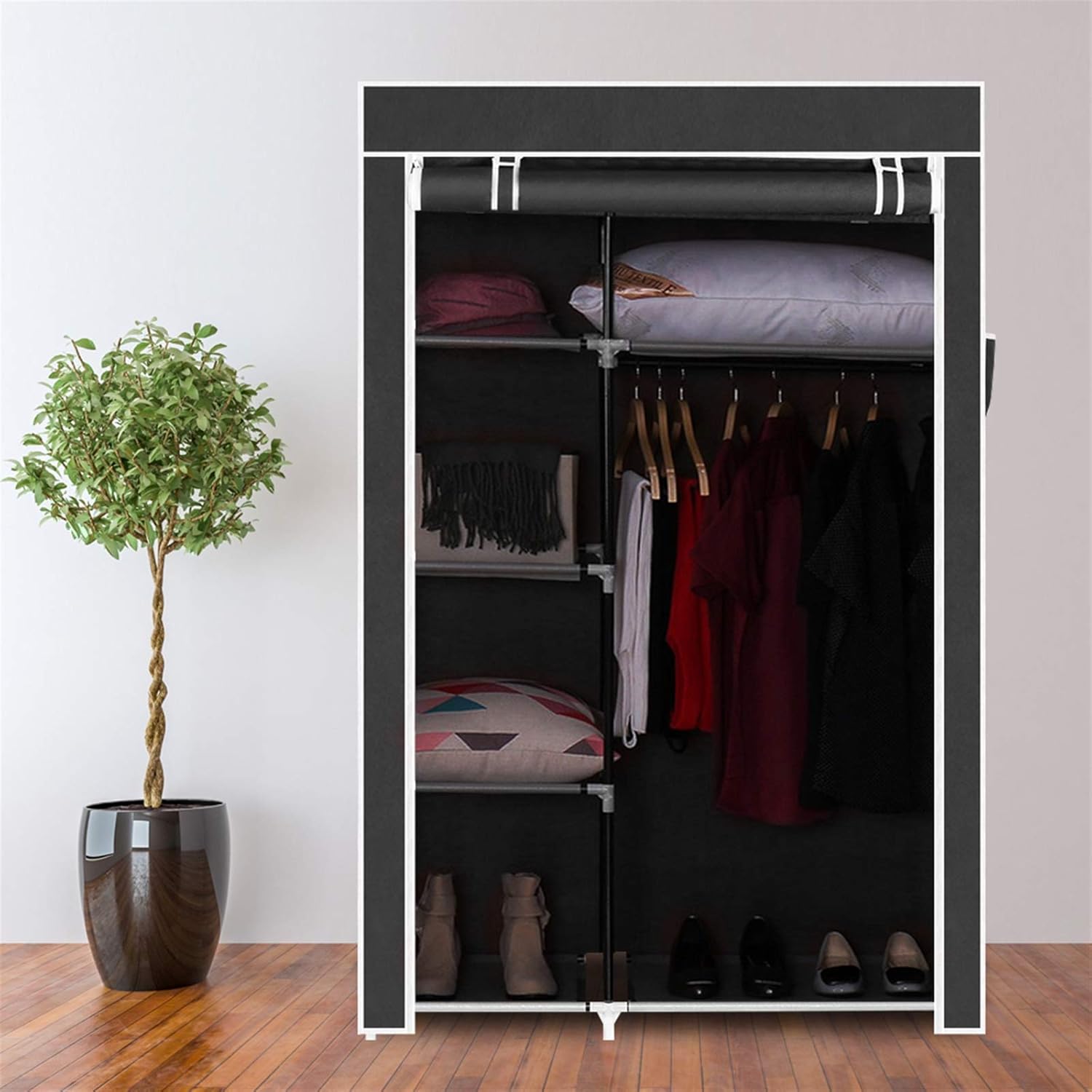 Black Non-Woven Fabric Portable Closet Wardrobe with Shelves and Cover N455394