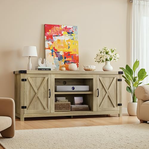 Gray Wash TV Stand with Two Barn Doors and Storage Cabinets E97307
